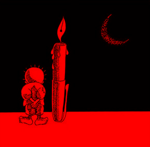 A depiction of the Handala character standing on land beside a fountain pen, stood upright, with a fire burning at the tip, beneath a crescent moon.